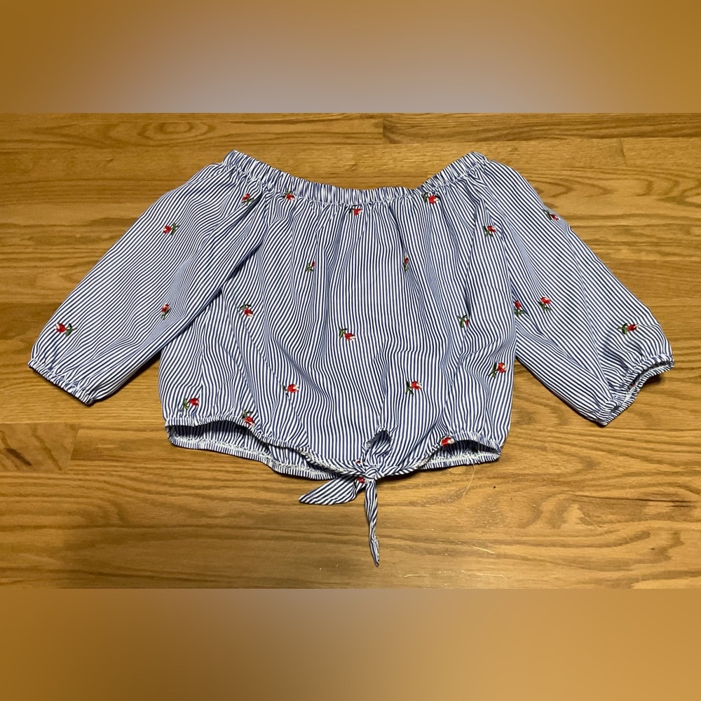 Women’s Kontrol Striped Off Shoulder Crop Blouse w/Floral Embroidery Tie Front